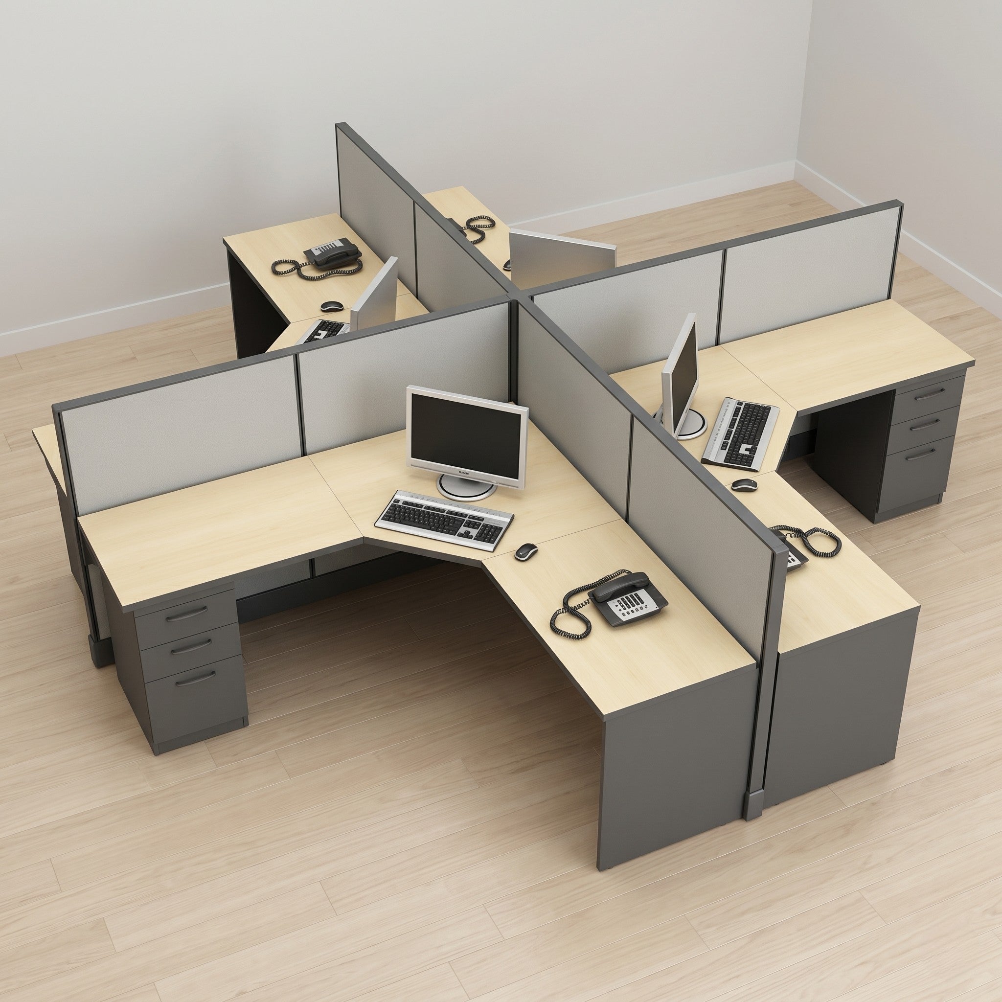 4-Seat L-Shaped High-Panel Cubicle Workstation with Fixed Pedestals – Maple & Grey