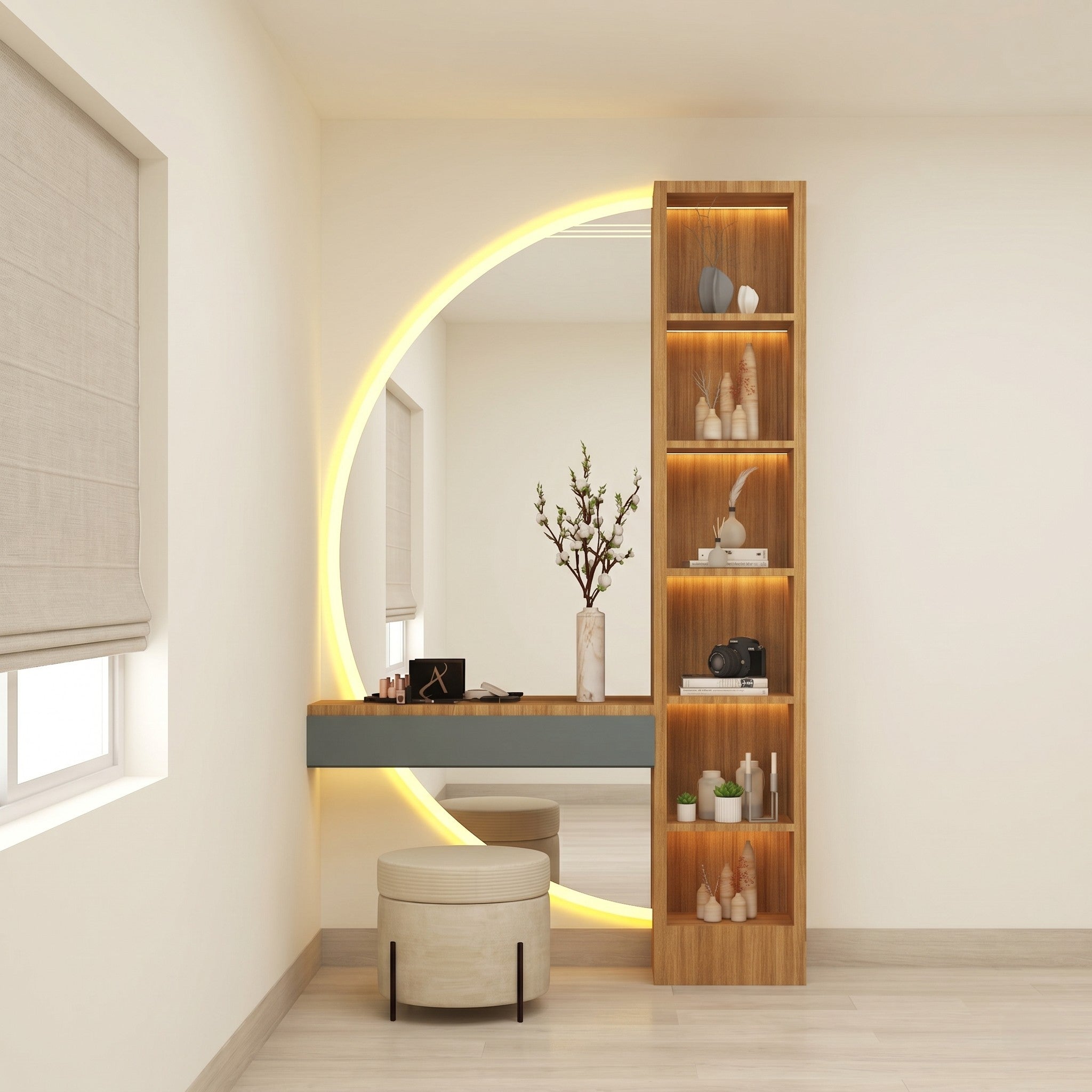 Arch LED Halo Vanity with Floating Console, LED Display Tower & Upholstered Ottoman
