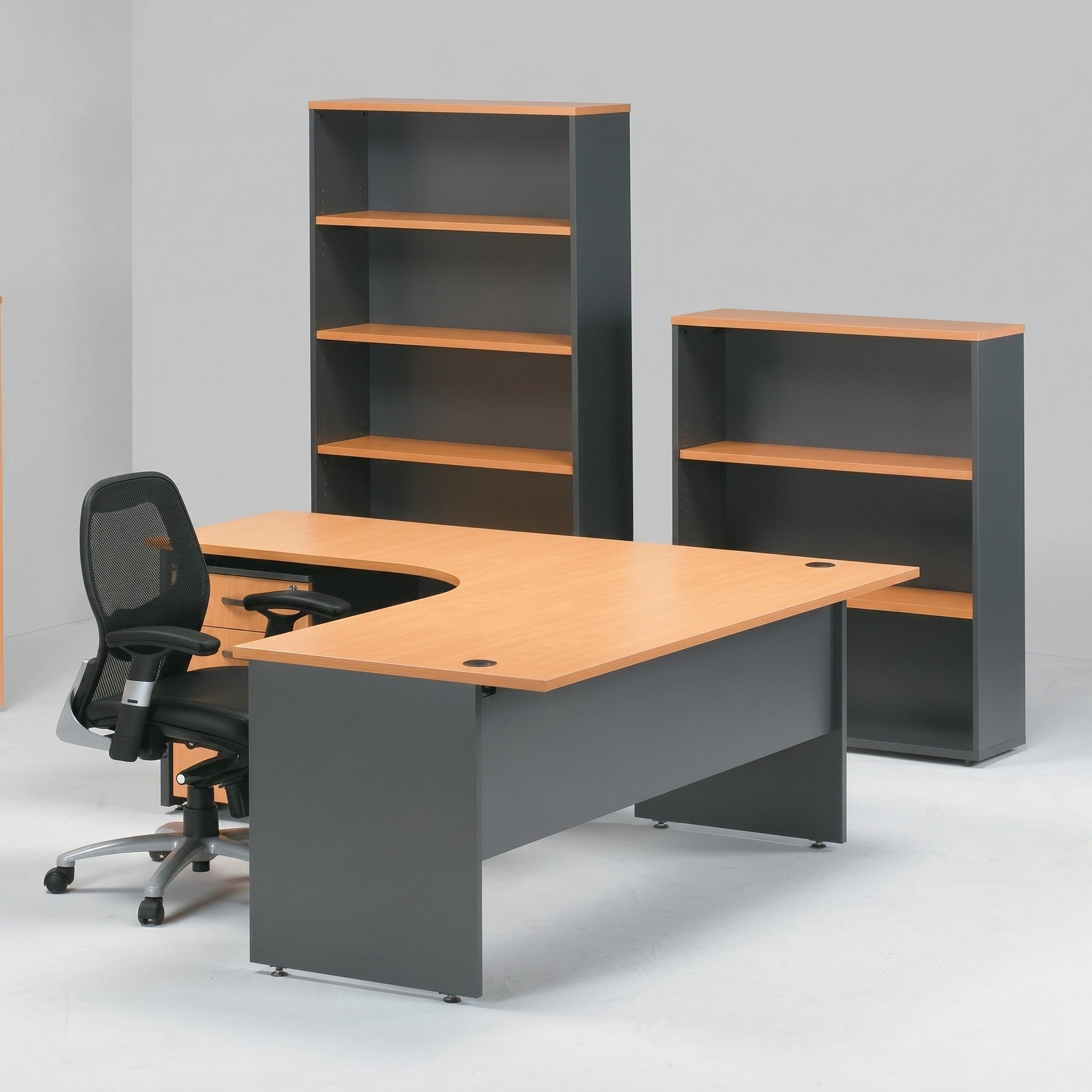 Curved Executive Desk Suite with Tall & Low Bookcases – Beech & Charcoal