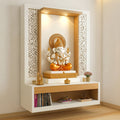 White & Oak Floating Wall-Mounted Ganesha Mandir with Arabesque Jali Side Panels, LED-Lit Oak Alcove, Open Altar Shelf and Open Book Niche Below