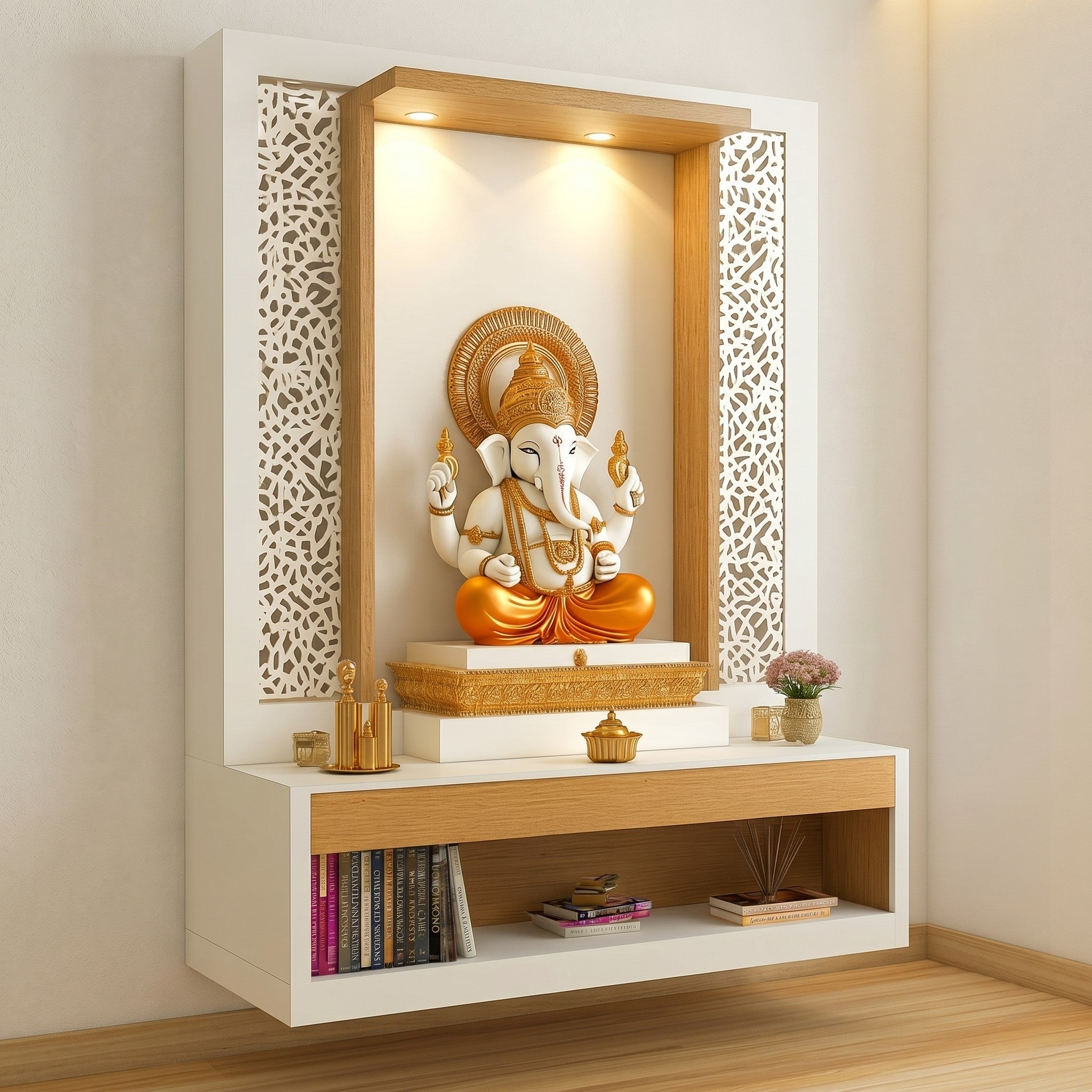 White & Oak Floating Wall-Mounted Ganesha Mandir with Arabesque Jali Side Panels, LED-Lit Oak Alcove, Open Altar Shelf and Open Book Niche Below