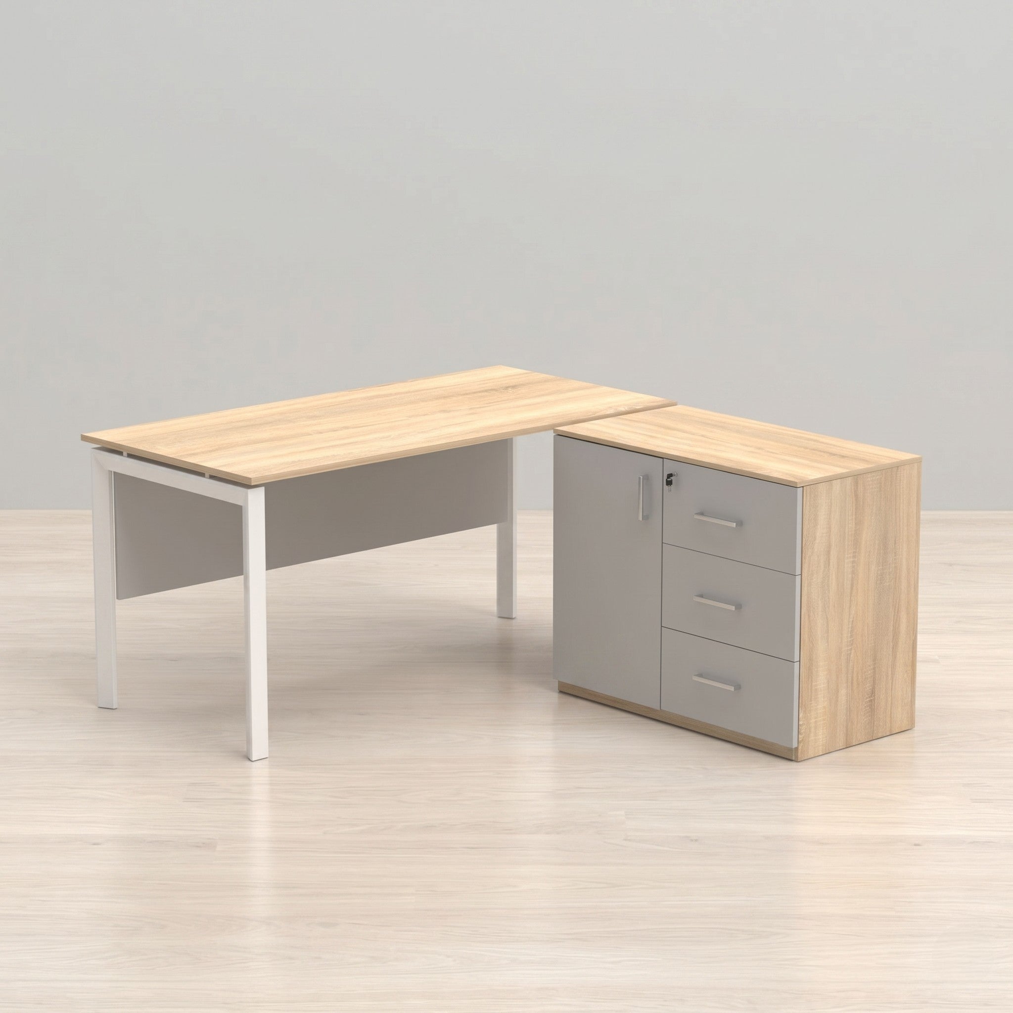 L-Shaped Executive Desk with Door Cabinet & 3-Drawer Pedestal – Oak & Grey