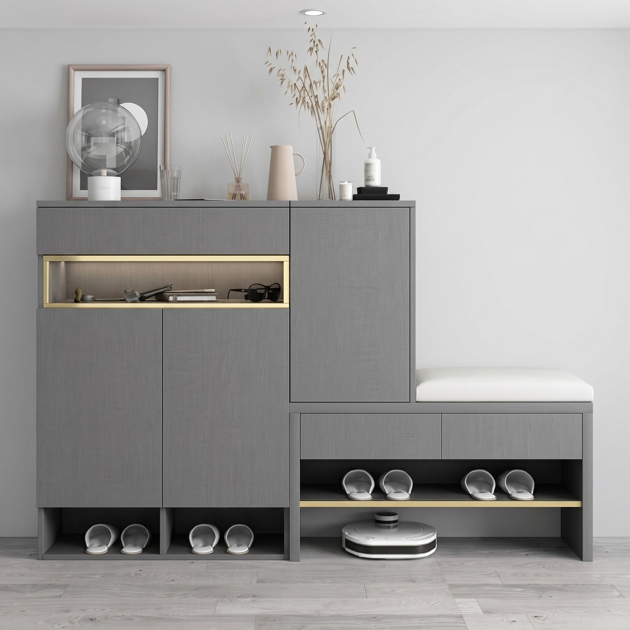 Slate Grey Modular Entryway Shoe Storage System with Tall Cabinet, One Drawer, Gold LED Open Niche, Two Cabinet Doors, Open Base Shoe Shelf, Low Bench with White Seat and Gold Accent Shelf