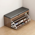 Walnut Shoe Storage Bench with Charcoal Leather Seat, Pull-Out Fan-Door Shoe Rack and One Open Top Niche