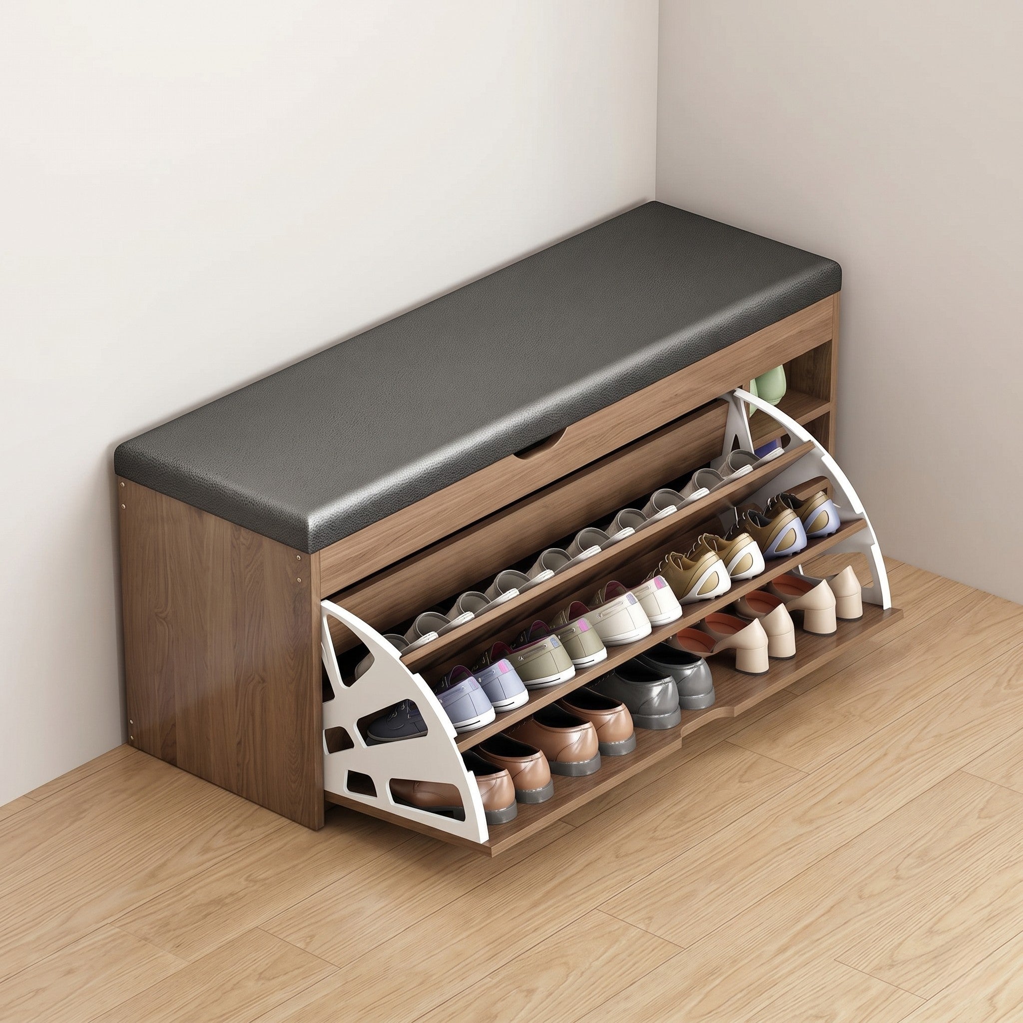 Walnut Shoe Storage Bench with Charcoal Leather Seat, Pull-Out Fan-Door Shoe Rack and One Open Top Niche
