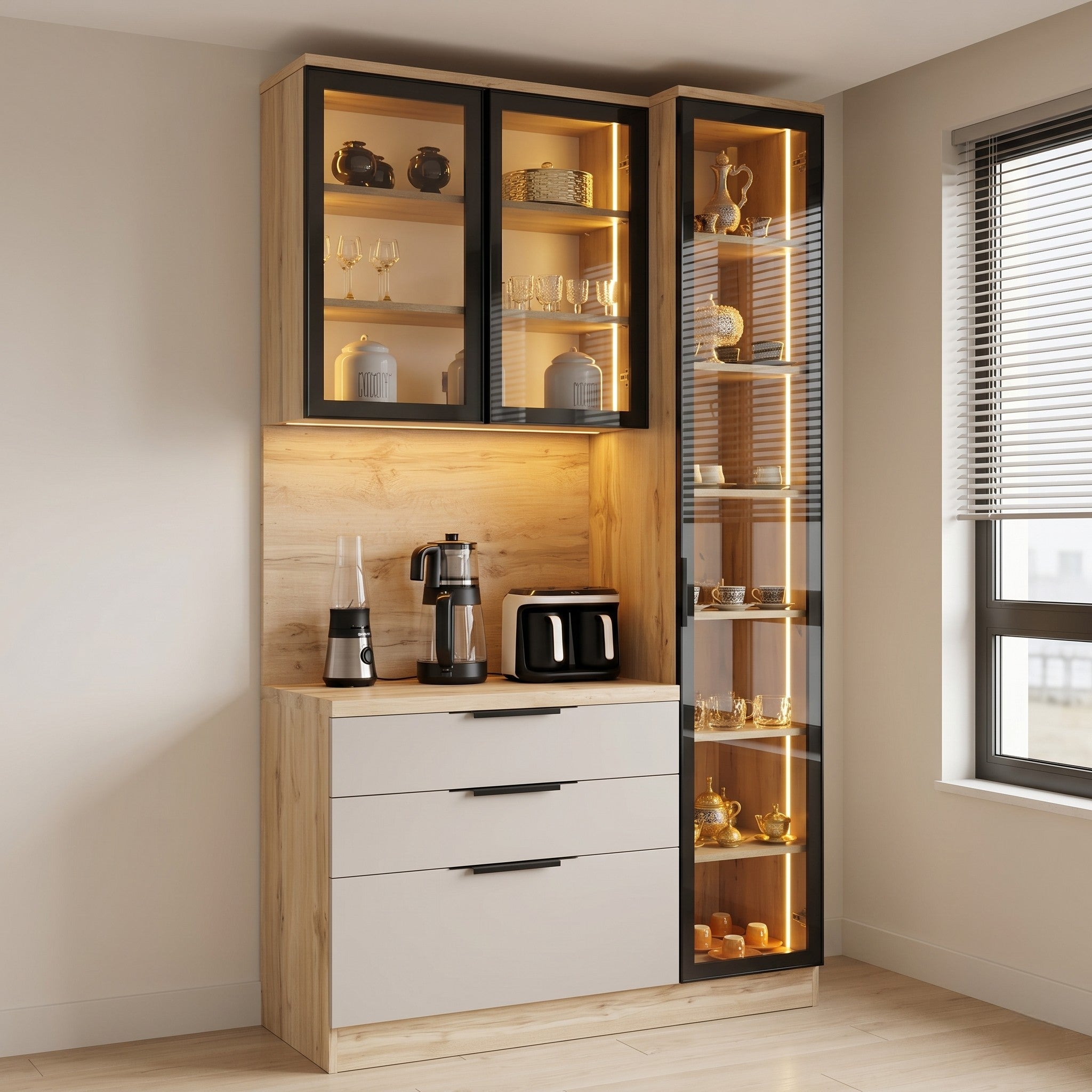 Oak & White Crockery Unit with Black-Framed Glass Display Cabinets, Full-Height LED Tower and Three Base Drawers