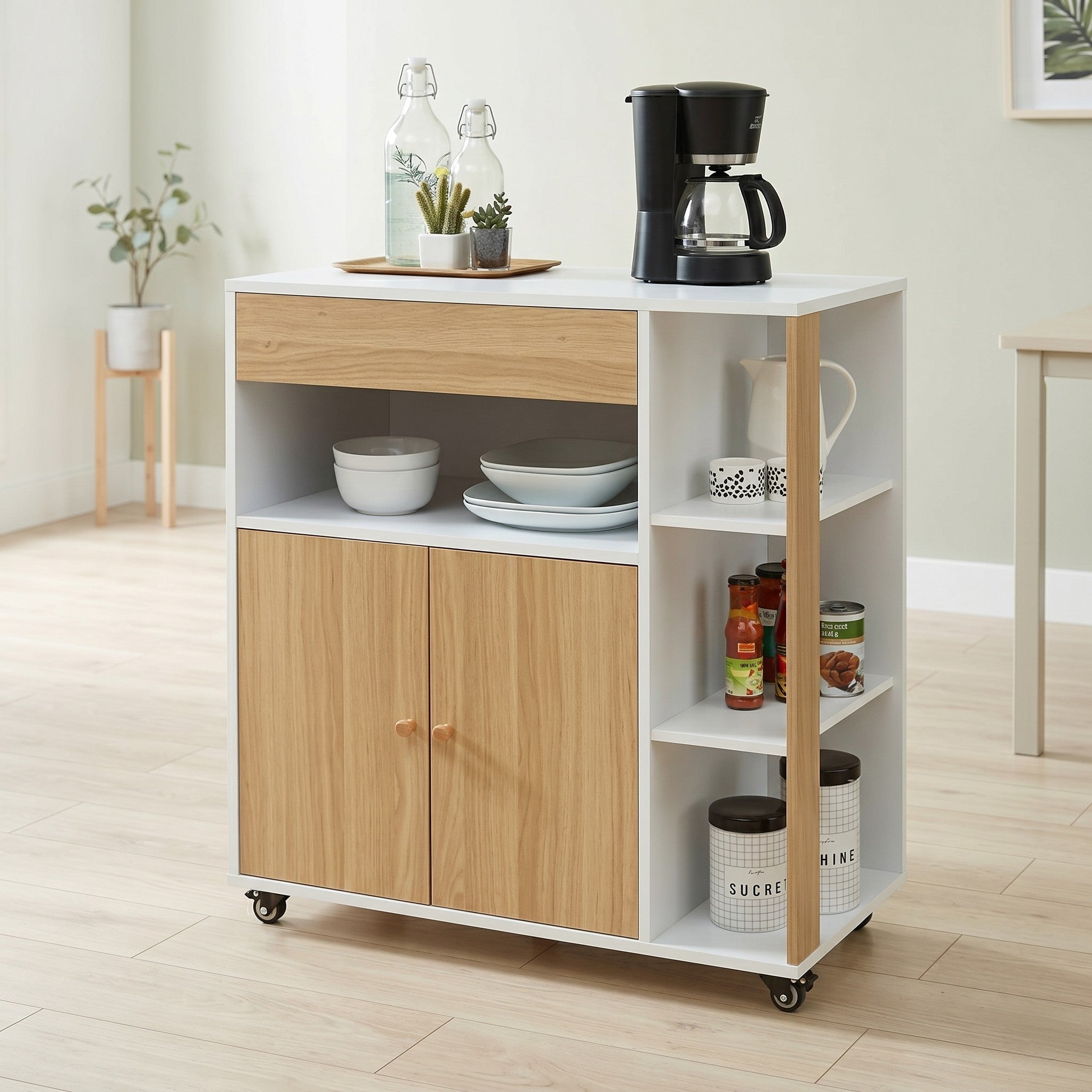 White & Oak Mobile Kitchen Trolley Crockery Unit with One Drawer, Open Crockery Niche, Two Concealed Cabinet Doors and Three Open Side Shelves