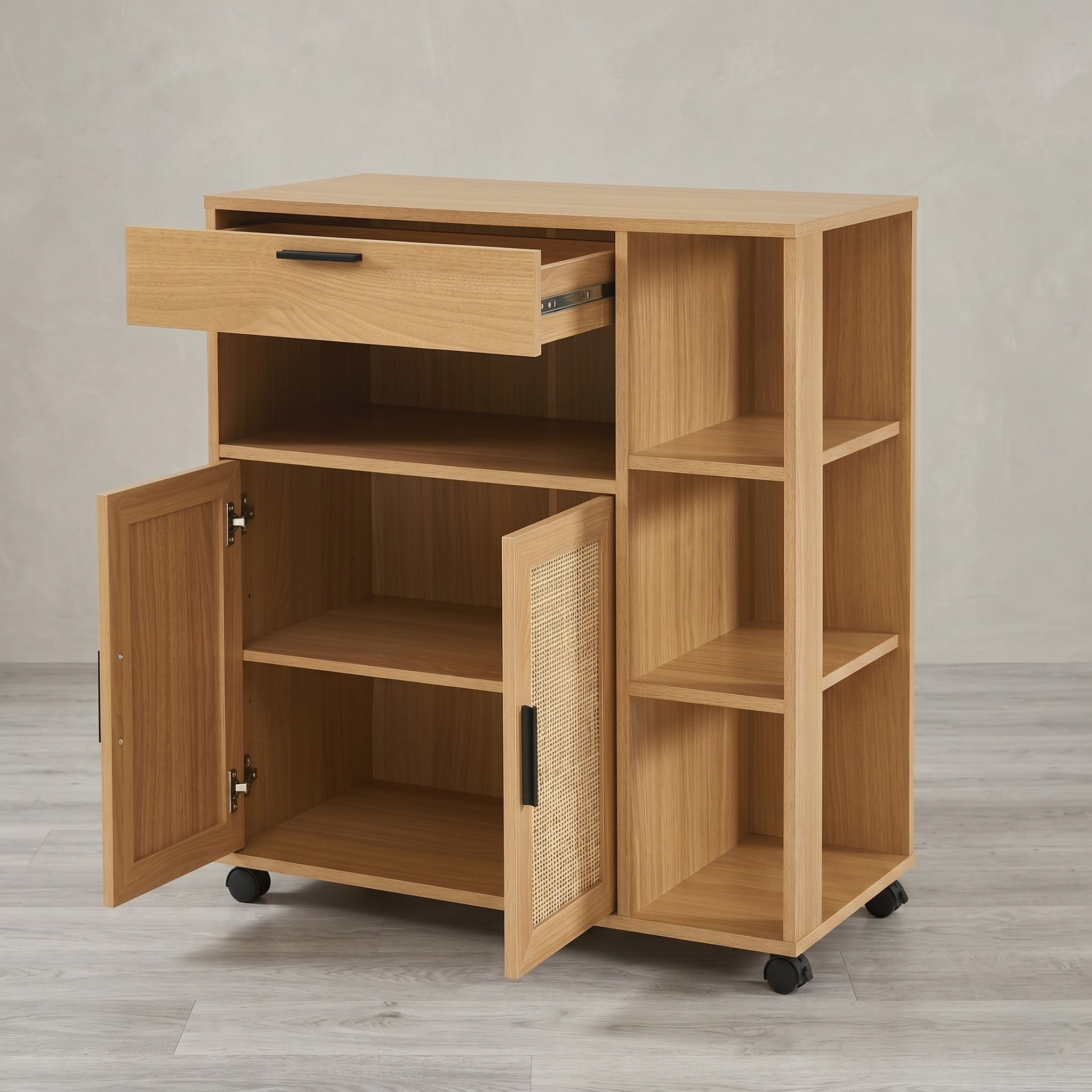 Natural Oak Mobile Kitchen Trolley with One Drawer, Rattan-Front Cabinet Door, Open Interior Shelf and Four Open Side Niches on Castors