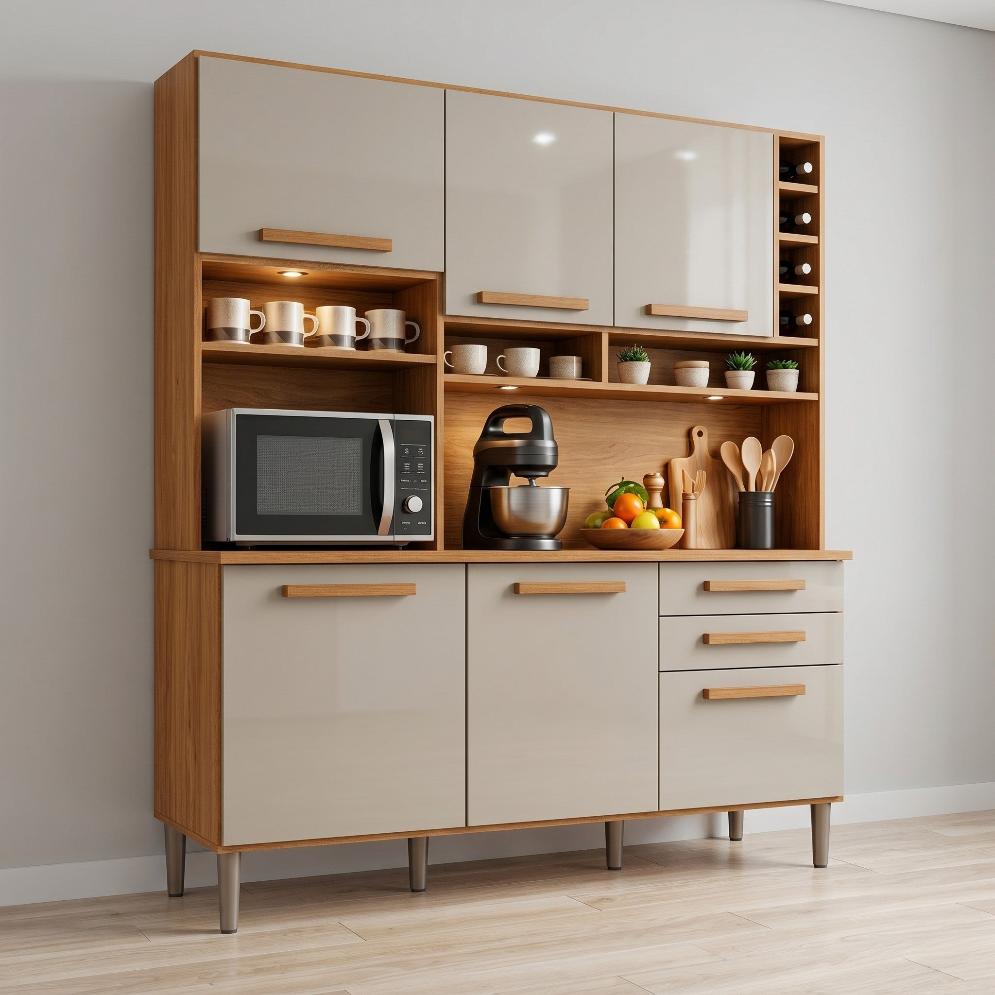 Walnut & Cream Gloss Full-Height Kitchen Crockery Unit with LED-Lit Open Mug Shelves, Wine Rack, Appliance Countertop, Three Lower Cabinets and Three Drawers