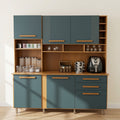 Teal Blue & Walnut Full-Width Kitchen Crockery Unit with Fluted Upper Cabinets, Open Display Shelves, Wine Rack, Appliance Countertop and Three Drawers