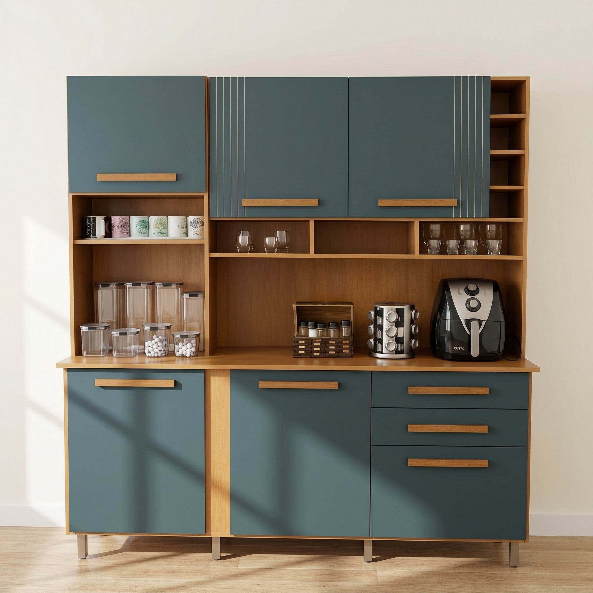 Teal Blue & Walnut Full-Width Kitchen Crockery Unit with Fluted Upper Cabinets, Open Display Shelves, Wine Rack, Appliance Countertop and Three Drawers