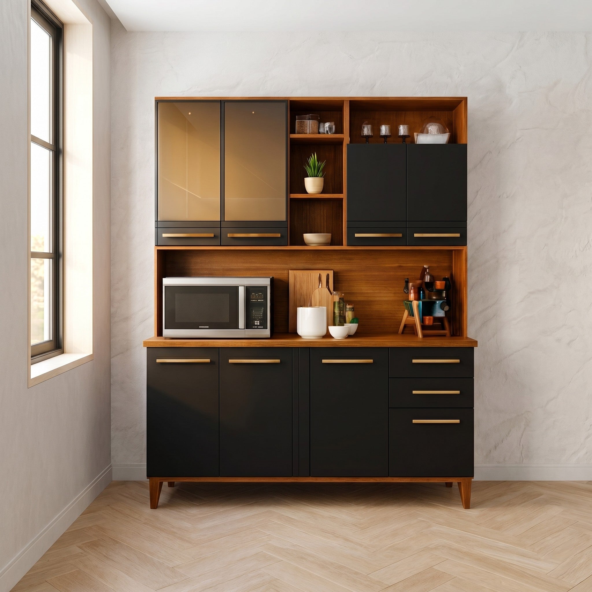 Matte Black & Walnut Full-Height Kitchen Crockery Unit with Bronze Glass Upper Cabinets, Open Display Niches, Appliance Countertop, Three Lower Cabinets and Two Drawers