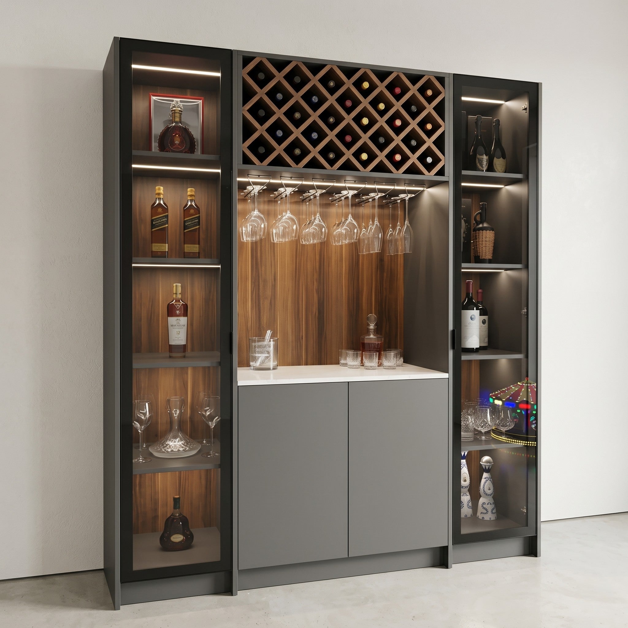 Charcoal & Walnut Home Bar Unit with Diamond Wine Rack, Stemware Hanging Rail, LED-Lit Open Spirit Display Towers and White Marble Bar Counter