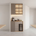 Greige Fluted Wall-Integrated Coffee & Bar Station with LED-Lit Glass Display Cabinet, Integrated Wine Cooler, Three Drawers and Appliance Countertop