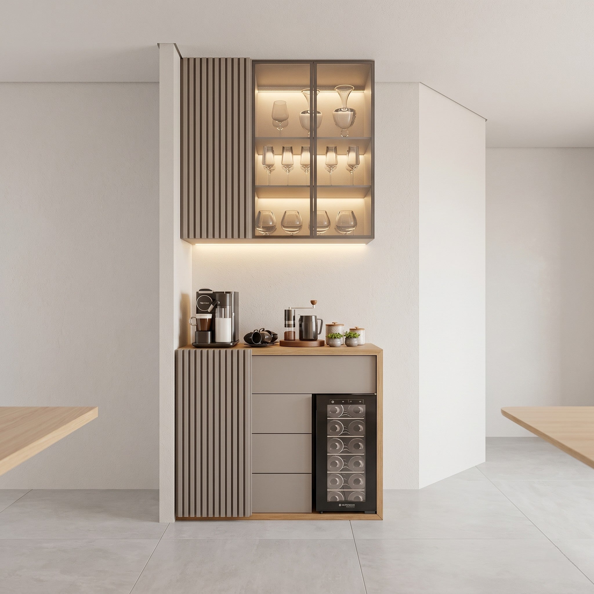 Greige Fluted Wall-Integrated Coffee & Bar Station with LED-Lit Glass Display Cabinet, Integrated Wine Cooler, Three Drawers and Appliance Countertop