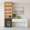 Light Oak Full-Height Bar & Glassware Display Unit with LED-Lit Glass Cabinet, Open Wine Bottle Rack, Integrated Wine Cooler and White Sideboard