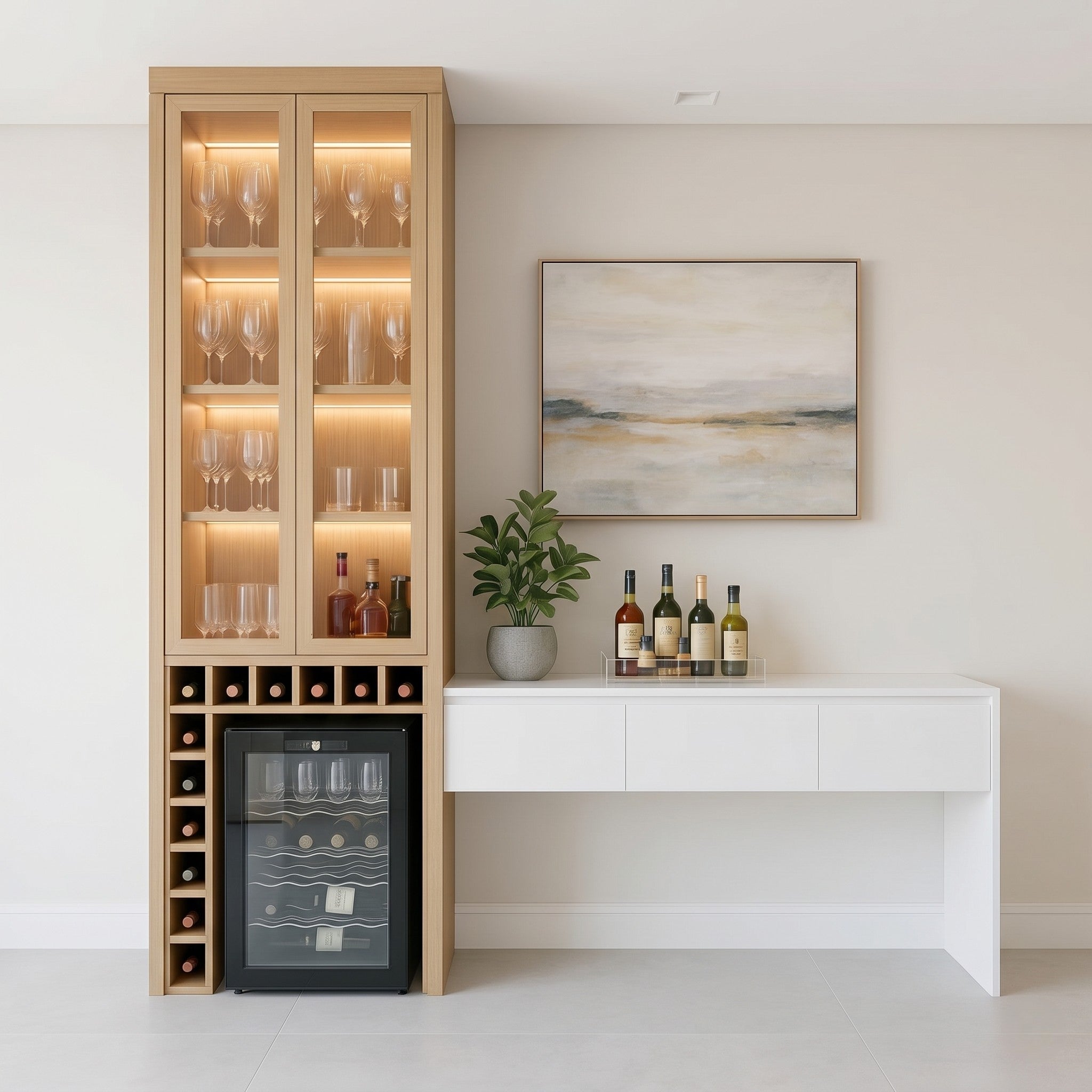 Light Oak Full-Height Bar & Glassware Display Unit with LED-Lit Glass Cabinet, Open Wine Bottle Rack, Integrated Wine Cooler and White Sideboard