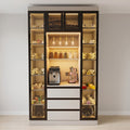 Black Frame Full-Height Tea & Coffee Crockery Display Wall Unit with LED-Lit Open Side Towers, Glass Wine Cabinet, Gold Syrup Dispensers and Three White Drawers