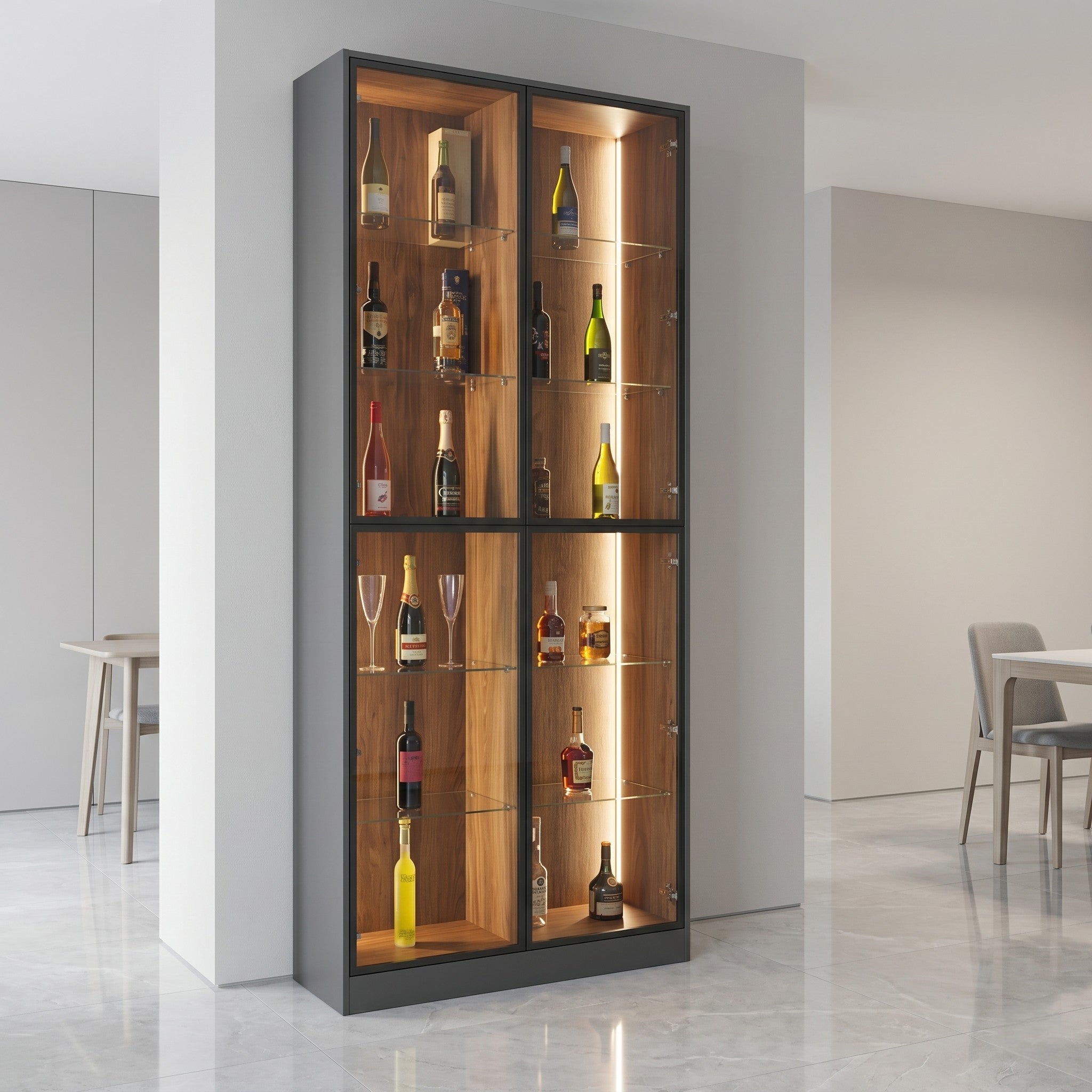 Charcoal & Walnut Full-Height Four-Door Glass Wine & Spirit Display Cabinet with LED Strip Lighting and Glass Shelves