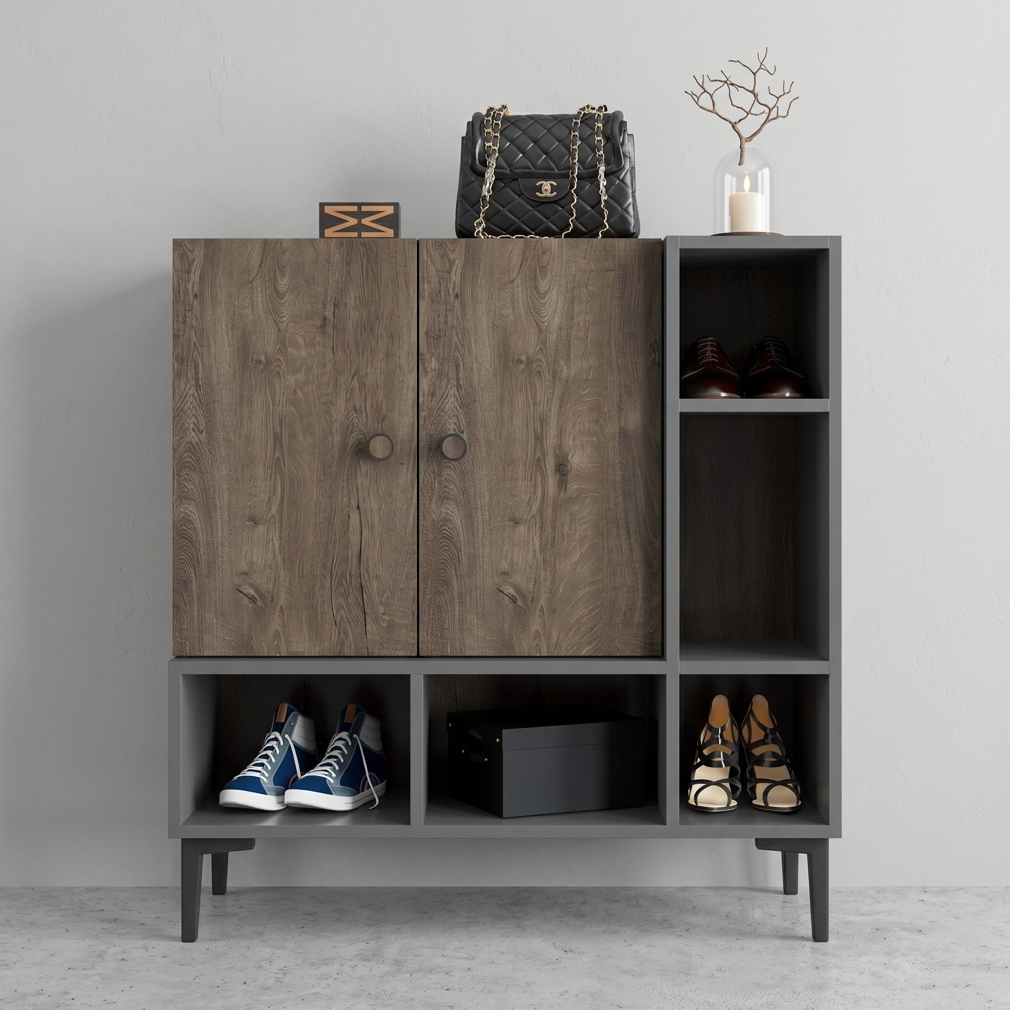 Rustic Oak & Charcoal Grey Entryway Shoe Cabinet with Two Concealed Doors, Three Open Side Niches and Three Open Base Compartments on Tapered Legs