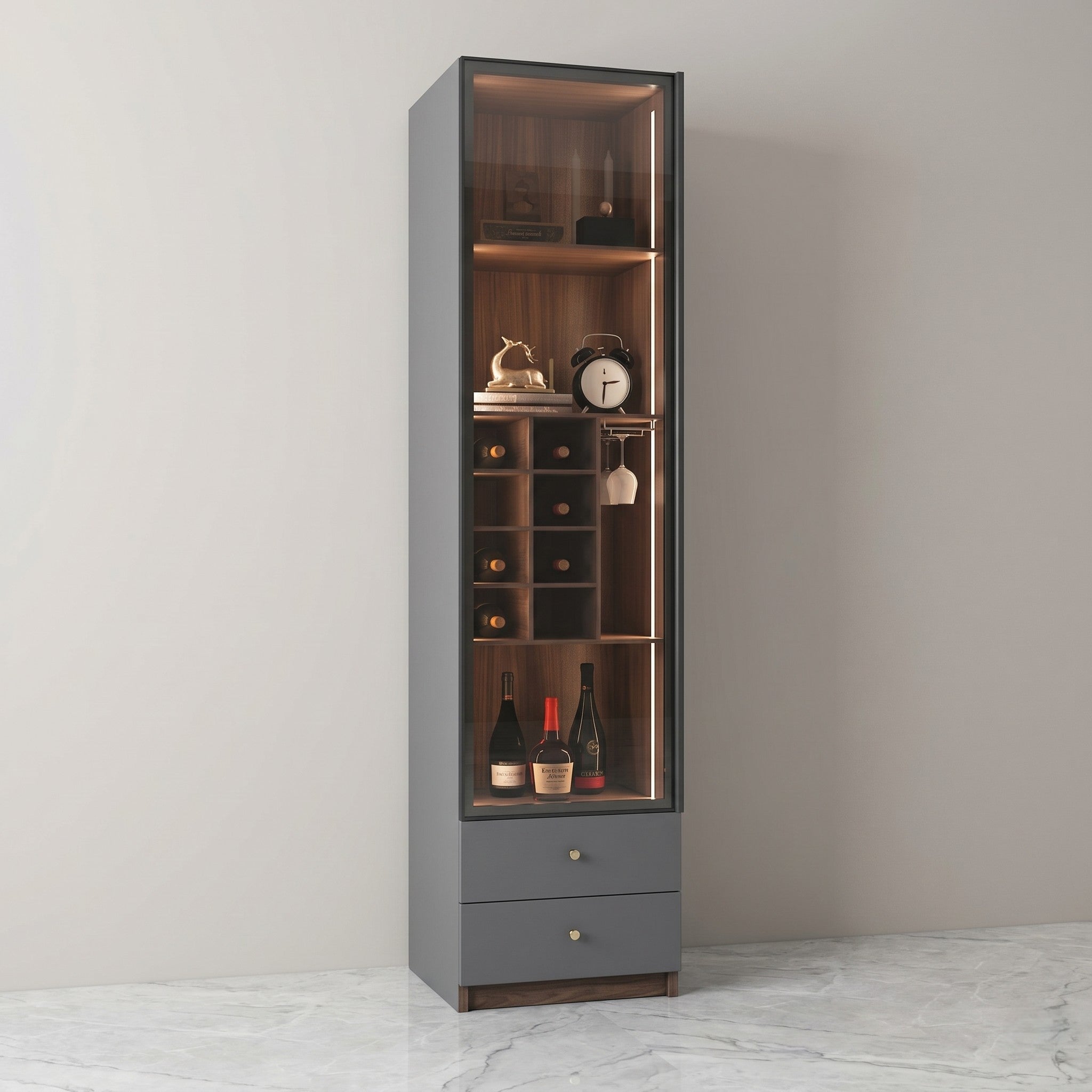 Slate Grey & Walnut Slim Full-Height Glass-Front Bar Display Cabinet with Wine Rack, Stemware Rail, LED Strip Lighting and Two Base Drawers