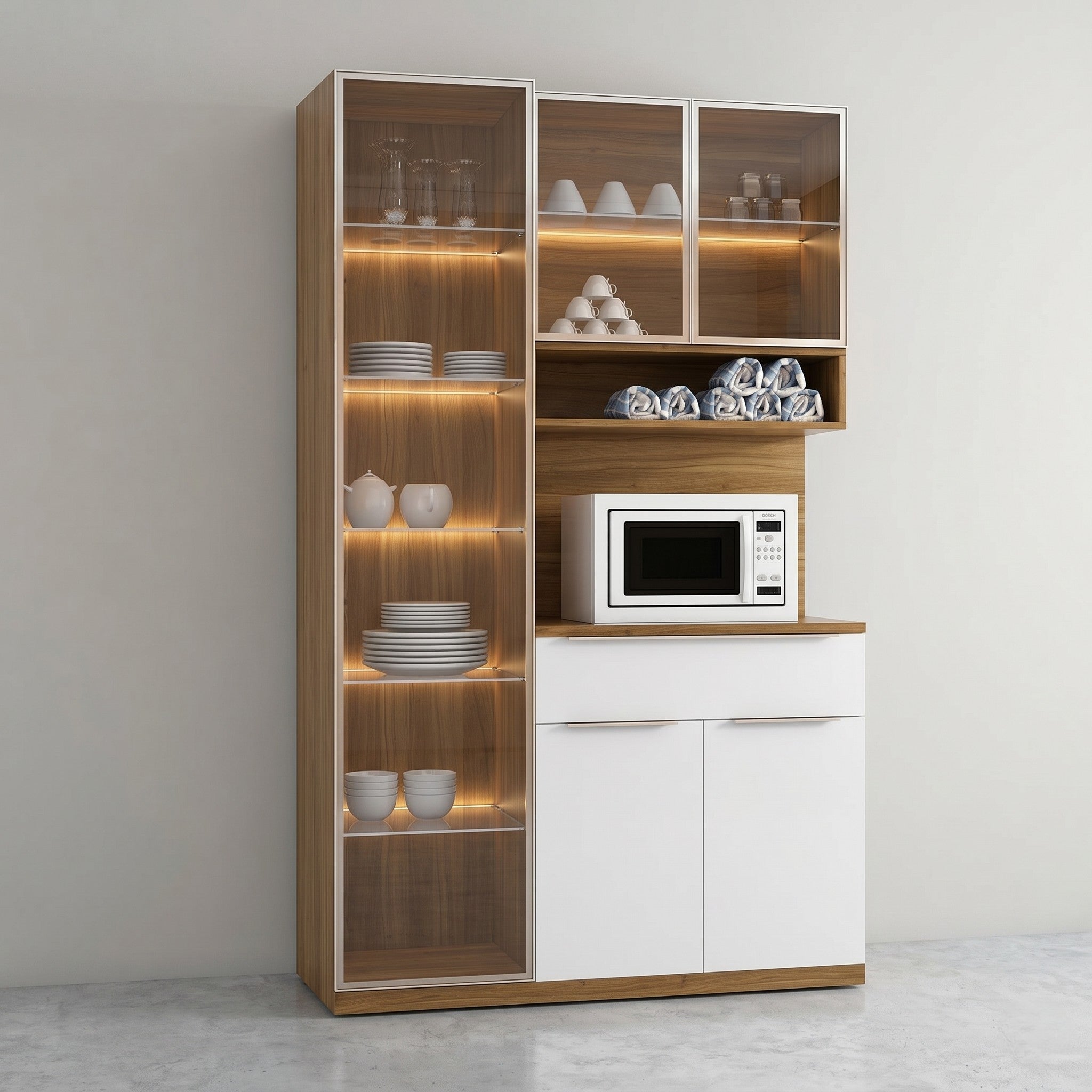 Oak & White Two-Section Crockery Unit with Full-Height LED Glass Display Tower, Glass-Front Upper Cabinets, Open Shelf and Microwave Cabinet