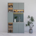 Sage Green Matte Modular Crockery Unit with Frosted Glass Side Tower, LED-Lit Open Display Niche, Fluted Back Panel and Concealed Cabinets