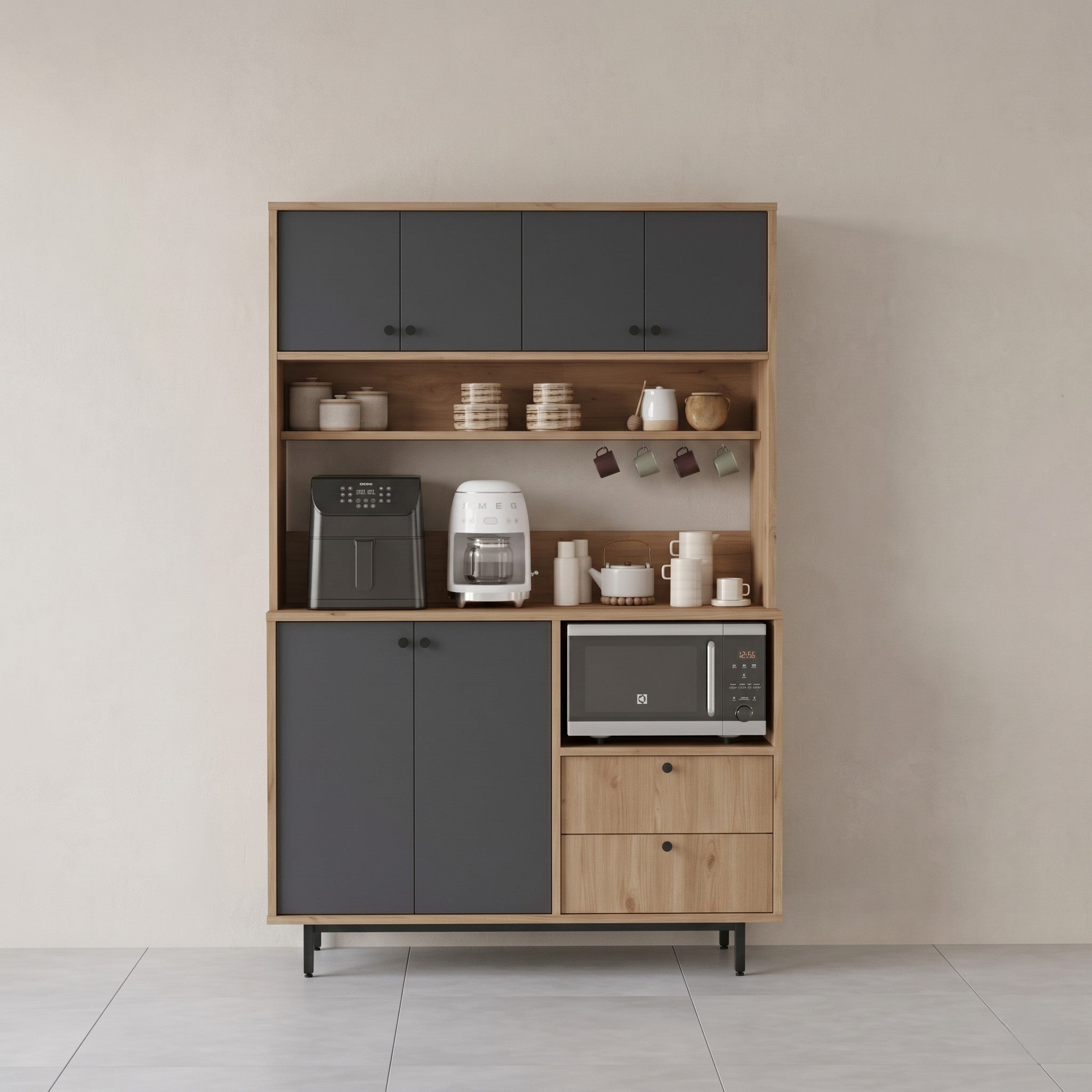 Oak & Charcoal Grey Two-Tone Crockery Unit with Four Upper Concealed Cabinets, Open Display Shelves, Microwave Housing and Two Oak Drawers