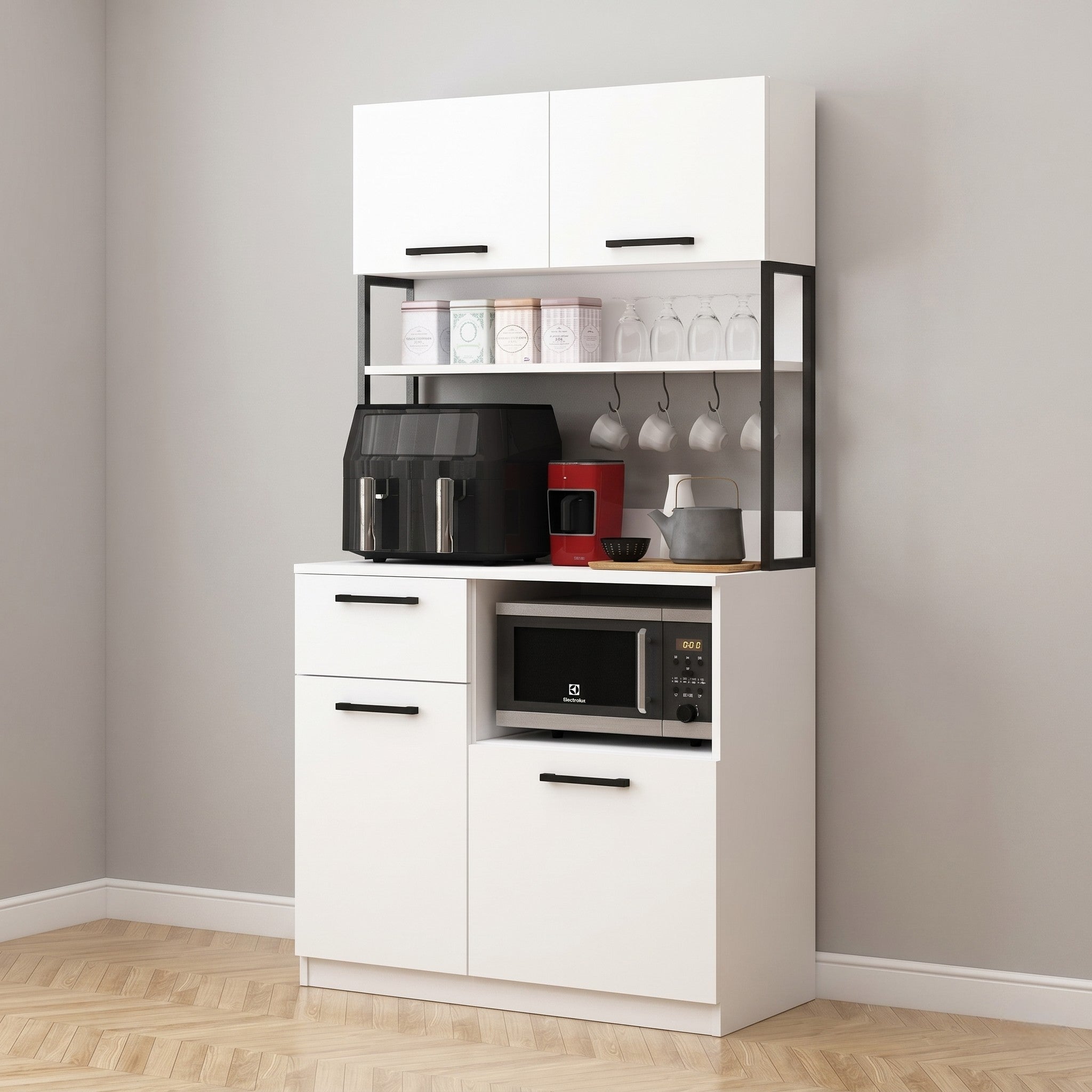 White Matte & Black Frame Kitchen Crockery Unit with Open Glass Shelf, Mug Rail, Microwave Housing, Two Drawers and Concealed Cabinets