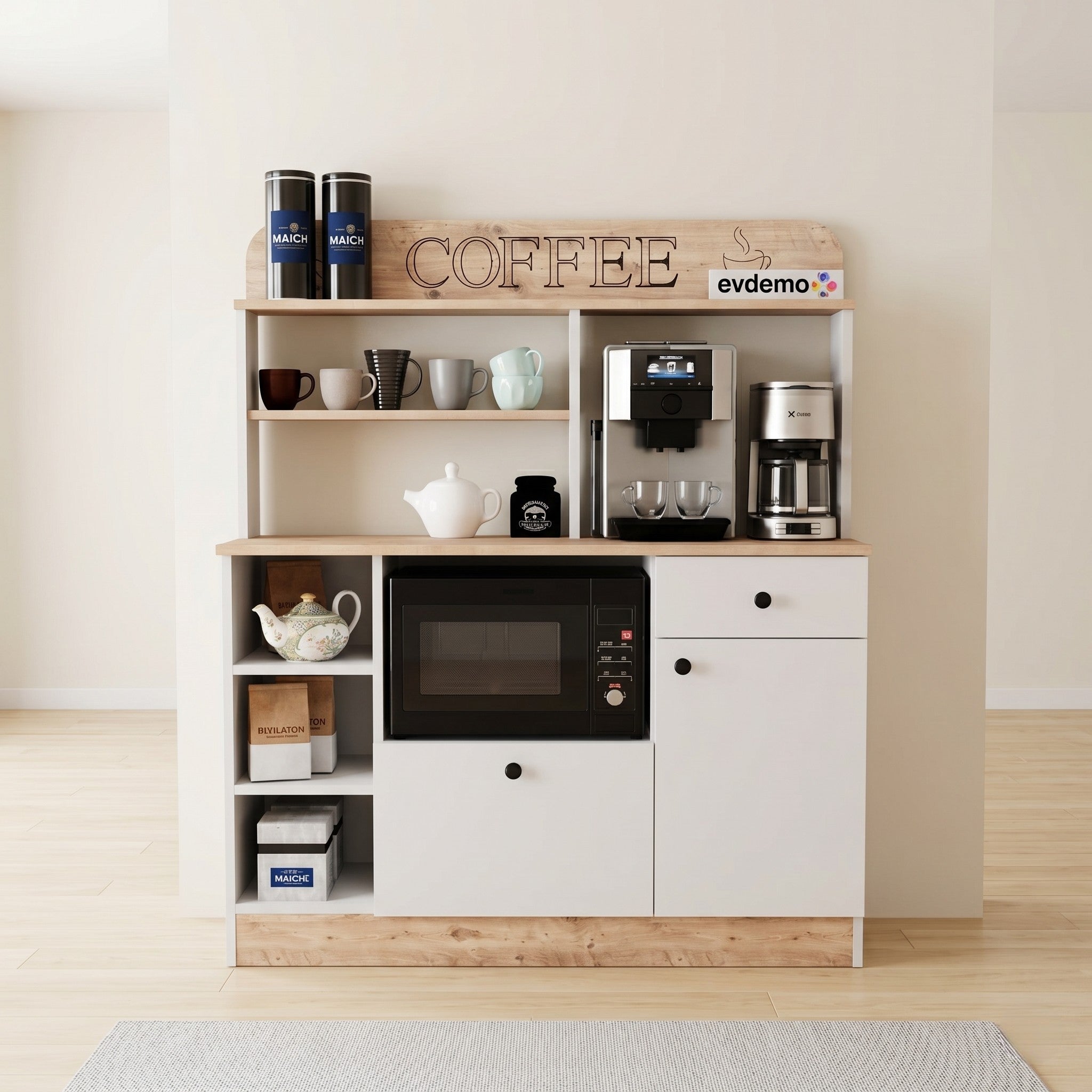 White & Oak Coffee Station Crockery Unit with Open Mug Shelves, Appliance Countertop, Microwave Cabinet, Open Side Niches and Concealed Storage
