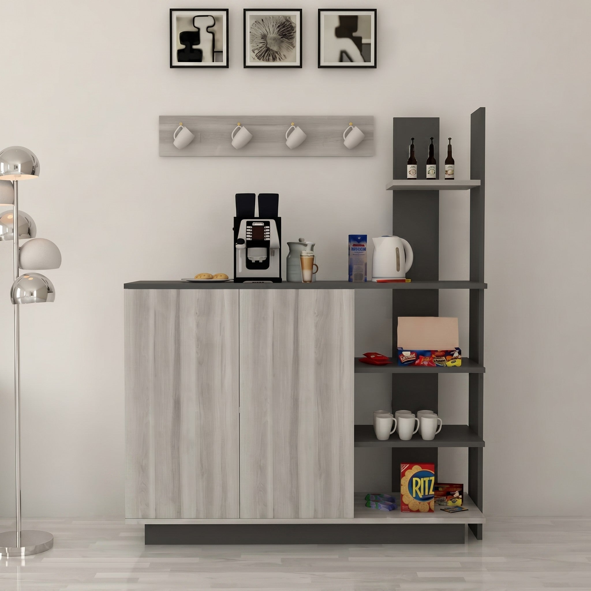 Light Oak & Charcoal Grey Sideboard Crockery Unit with Open Step Display Tower, Appliance Countertop, Wall Mug Rail and Two Concealed Cabinet Doors