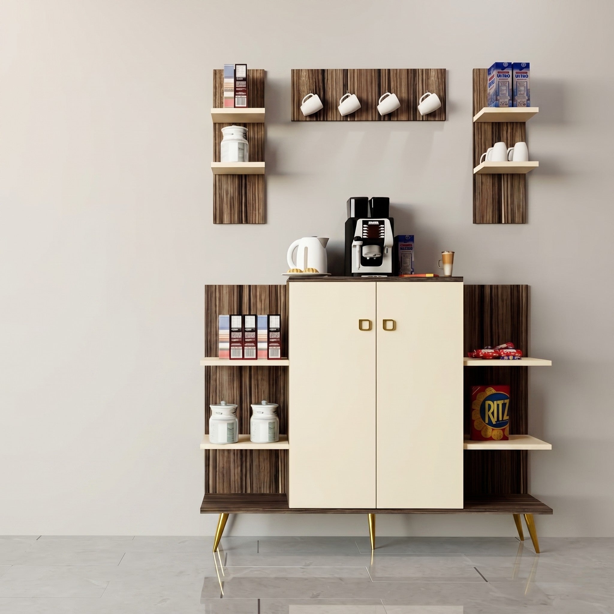 Ebony Stripe & Cream Coffee Station Crockery Unit with Wall-Mounted Mug Rail, Open Side Shelves, Gold Legs and Two Concealed Cabinet Doors