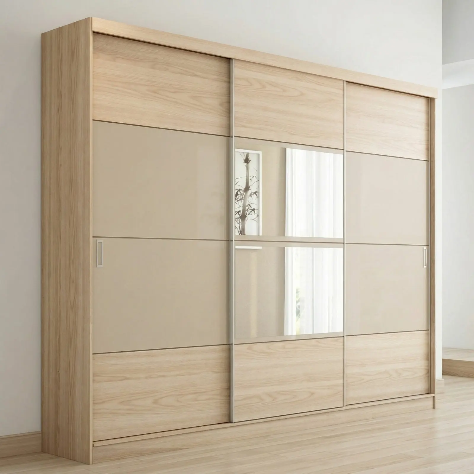Light Oak & Greige Three-Door Sliding Wardrobe with Centre Mirror Panels and Slim Recessed Handles