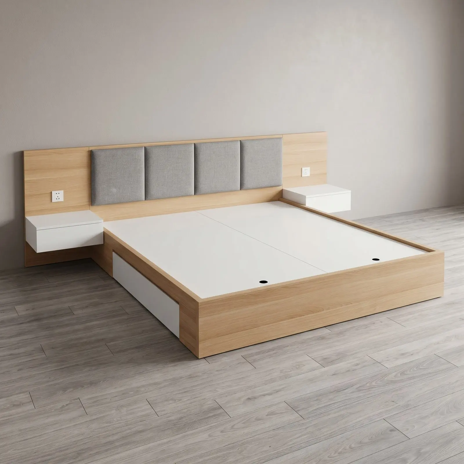 Light Oak Scandinavian Platform Bed with Padded Headboard Panels and Integrated Bedside Shelves