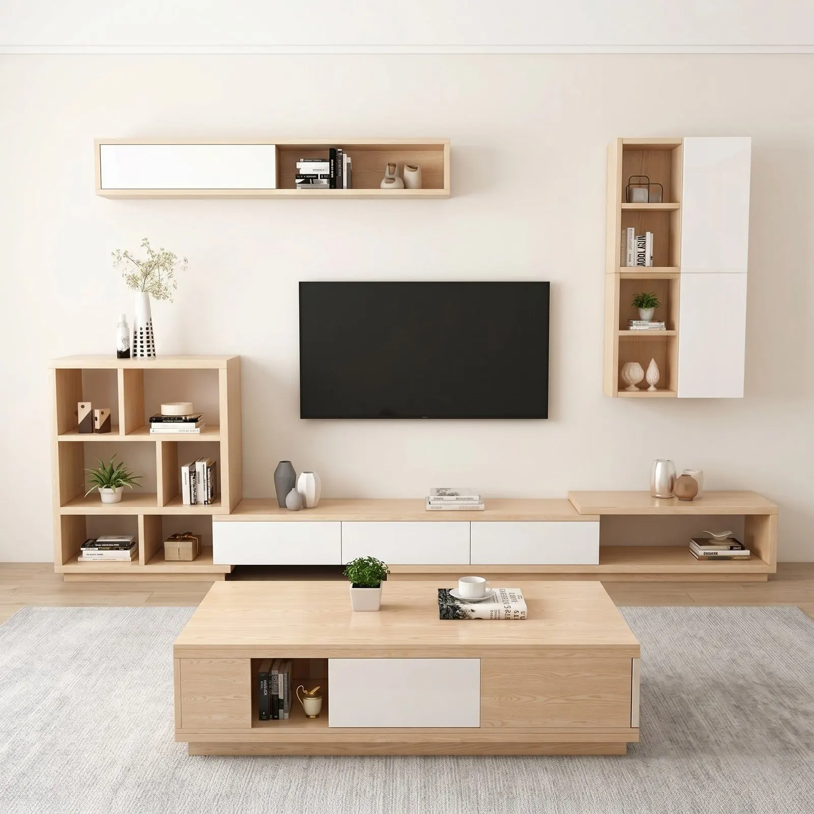 Light Oak & White Scandinavian Modular TV Living Room Set with Wall Cabinets and Coffee Table