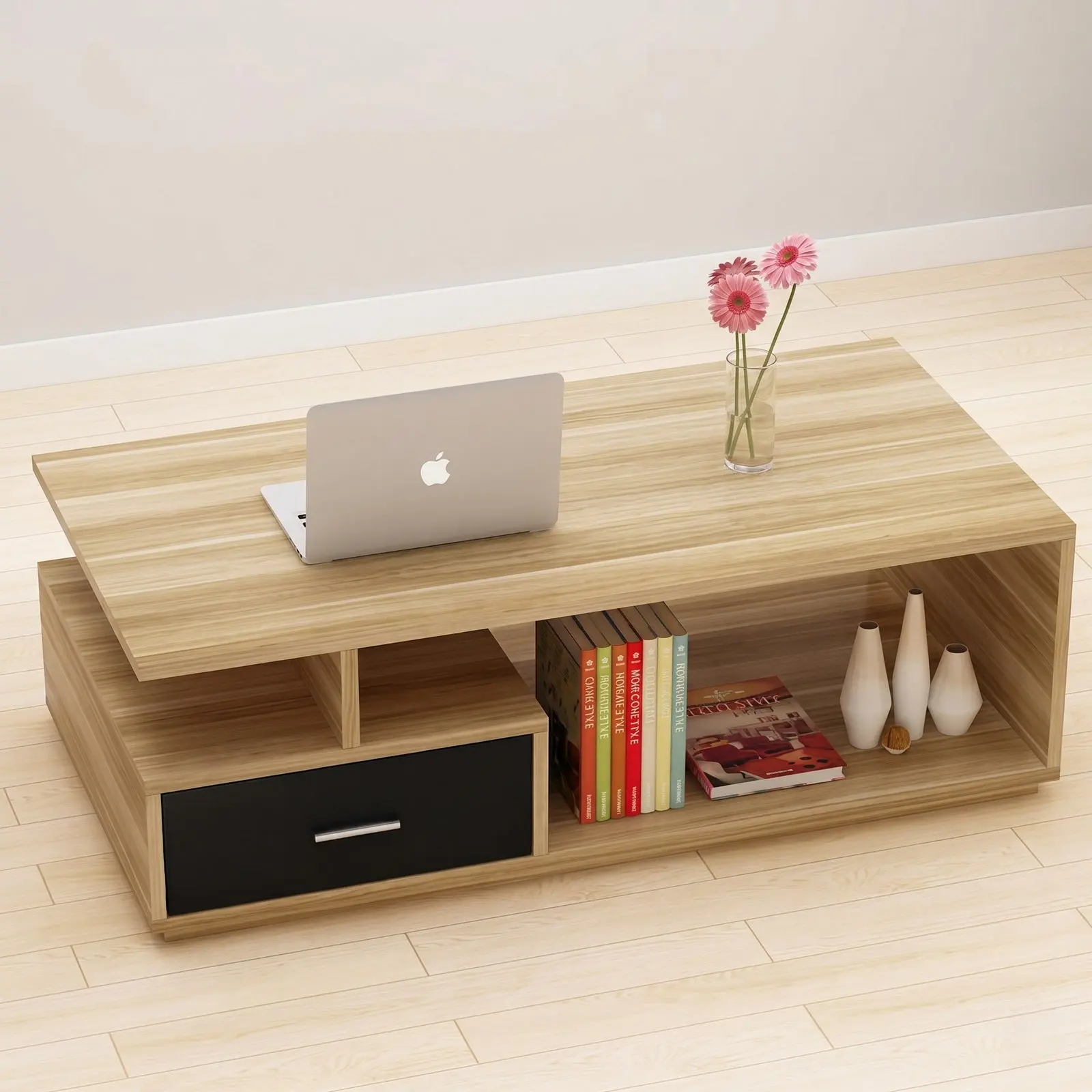 Natural Oak Coffee Table with Cantilevered Top, Black Drawer & Open Display Shelves