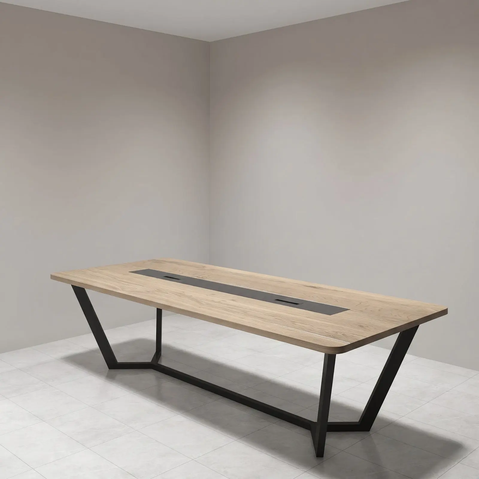 Rectangular Conference Table with V-Frame Legs & Cable Management – Oak & Black — photo 1