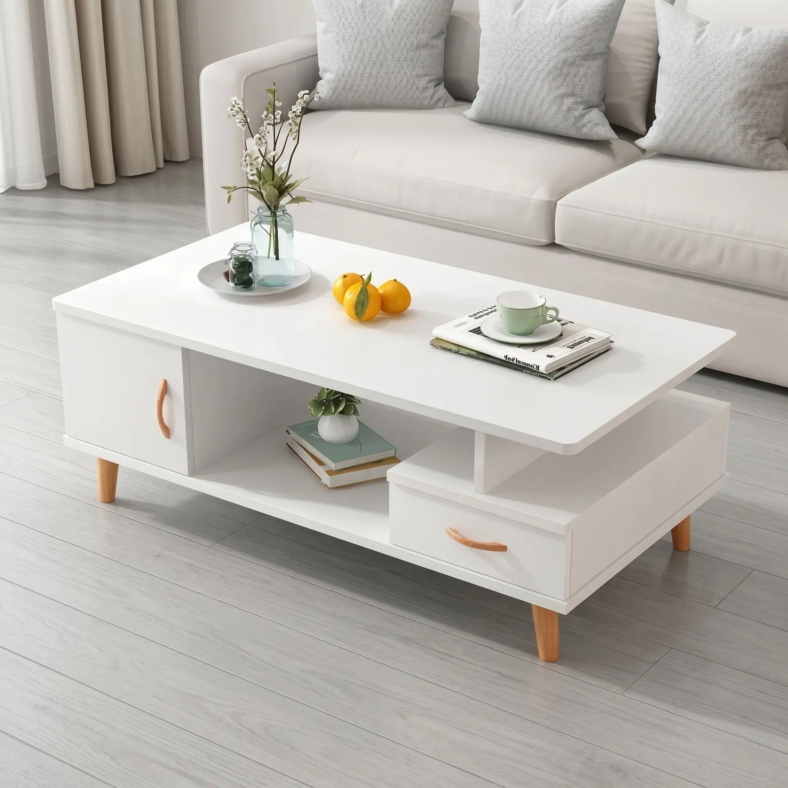 Scandinavian White Coffee Table with Cabinet Door, Drawer, Open Shelf & Oak Legs
