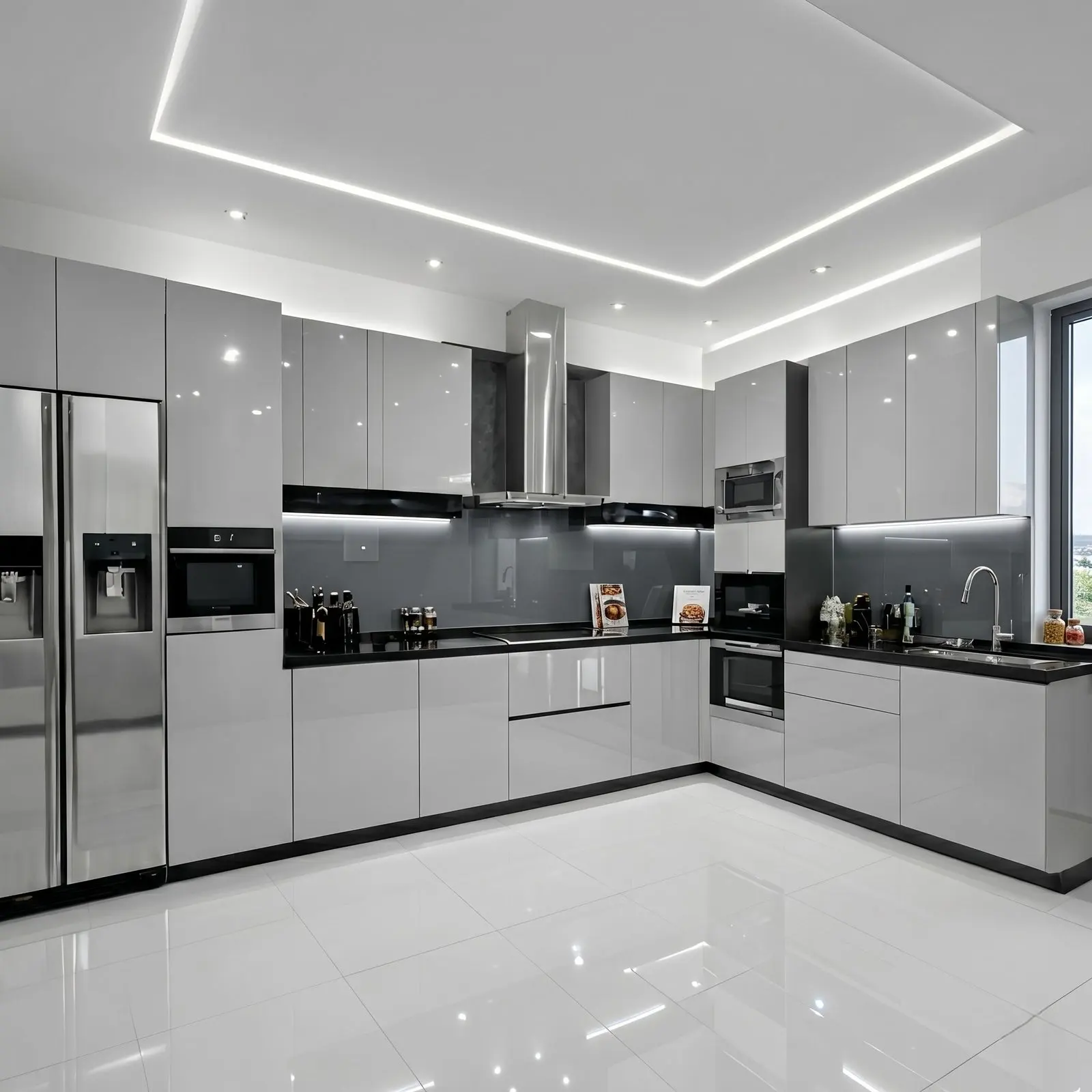 Silver Grey High-Gloss L-Shaped Modular Kitchen with Black Granite Countertop, Grey Glass Backsplash and Full Appliance Suite