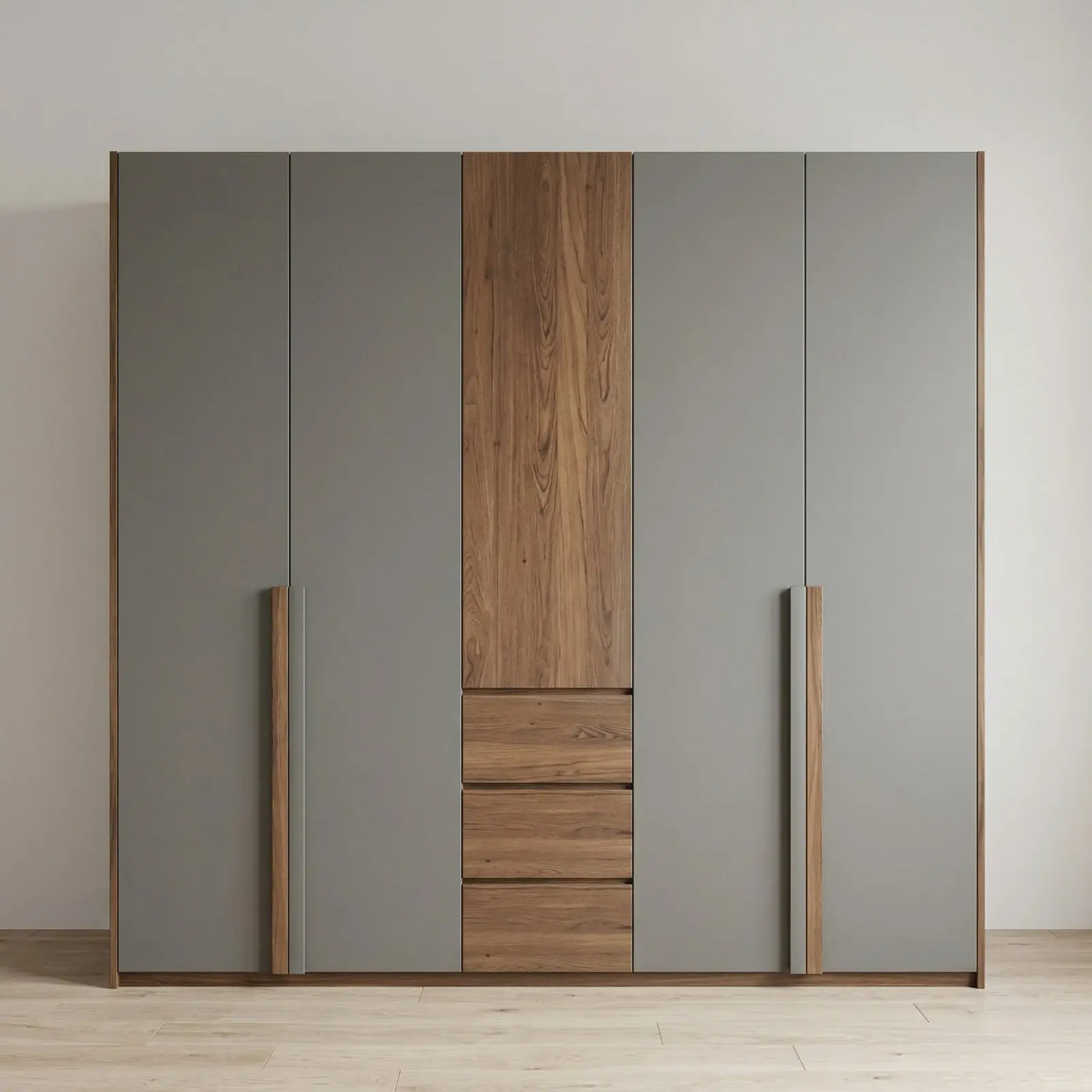 Slate Grey & Walnut Two-Tone Wardrobe with Centre Wood Panel, Drawers and Walnut Handle Accents