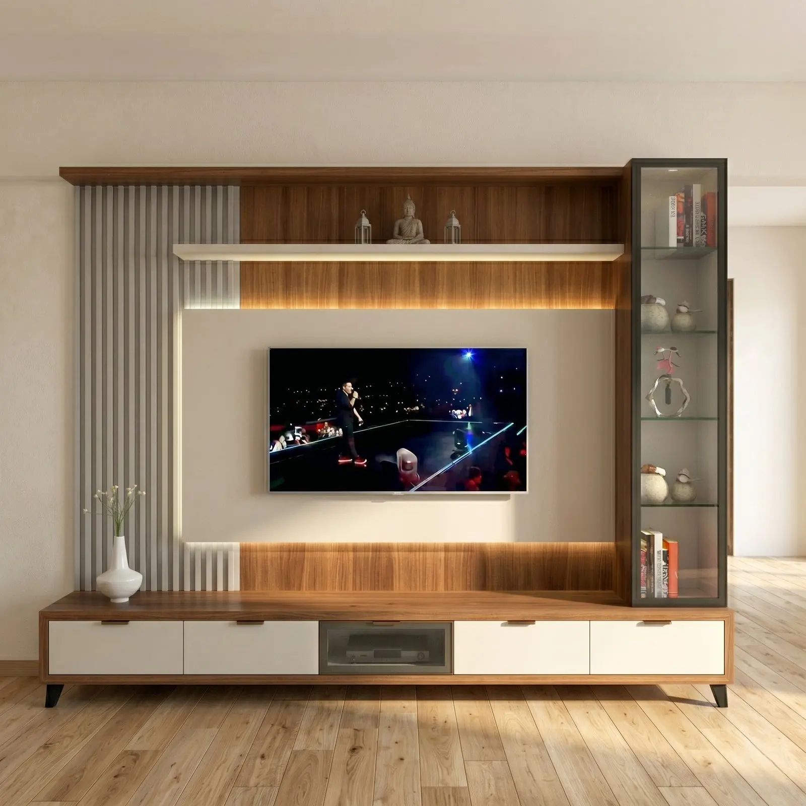 Walnut & White Full-Wall TV Entertainment Unit with Glass Display Cabinet and LED Lighting