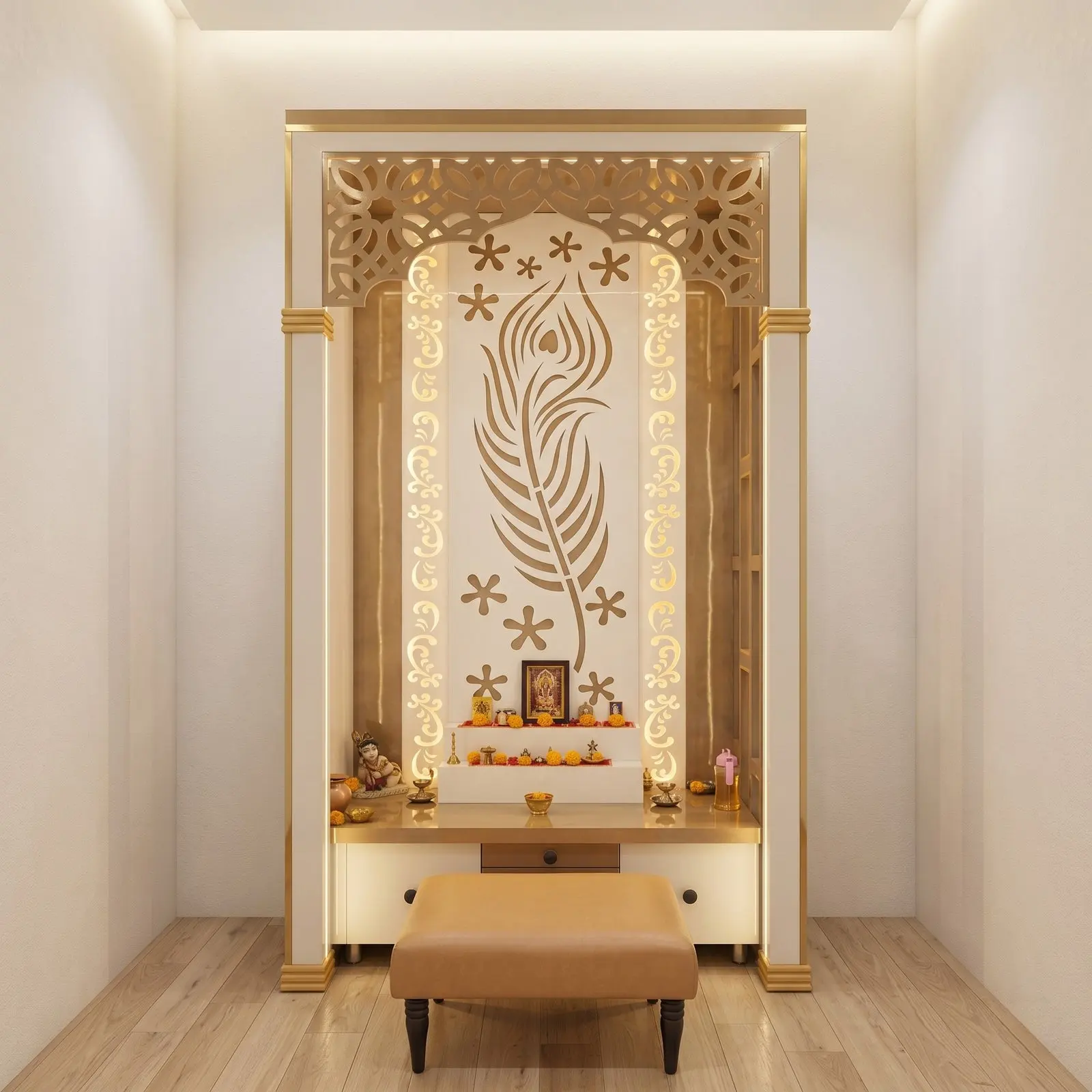 White & Gold Full-Height Pooja Mandir with Ornate Jali Arch, Krishna Peacock Feather Back Panel, LED Halo Lighting, Stepped Altar and One Drawer