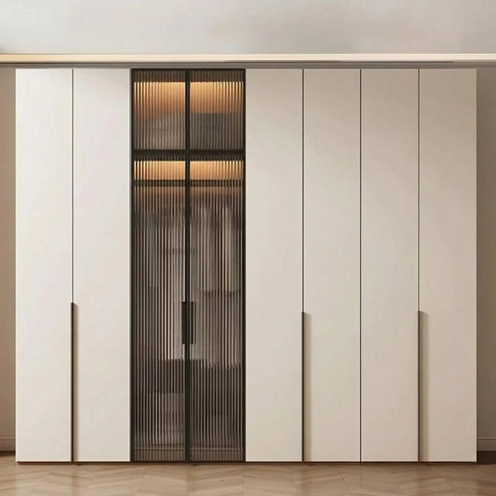 White Matte Wardrobe Wall with Fluted Glass Centre Display Unit and LED Accent Lighting